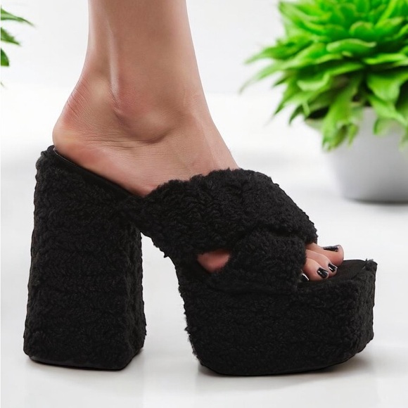 Black Fuzzy Square Toe Platform Mule - Picture 2 of 6